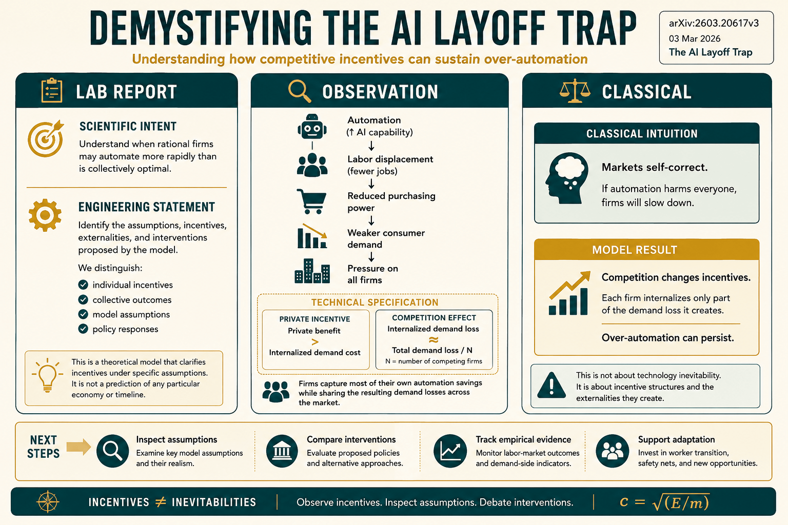 Infographic titled Demystifying the AI Layoff Trap, explaining how competitive incentives can sustain over-automation through labor displacement, reduced purchasing power, weaker demand, technical specifications, and policy next steps.
