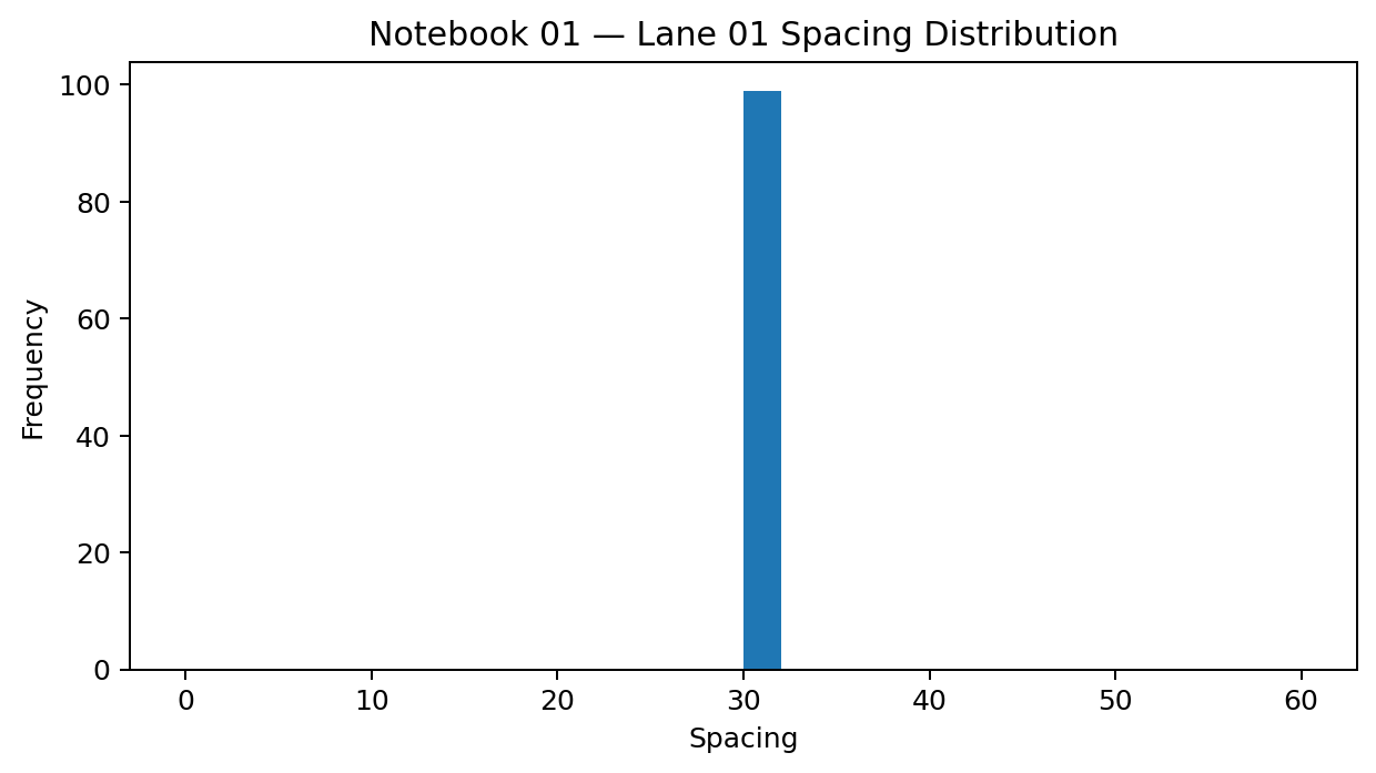 Histogram showing fixed spacing of lane 01 occurrences across complete modulo-30 cycles.