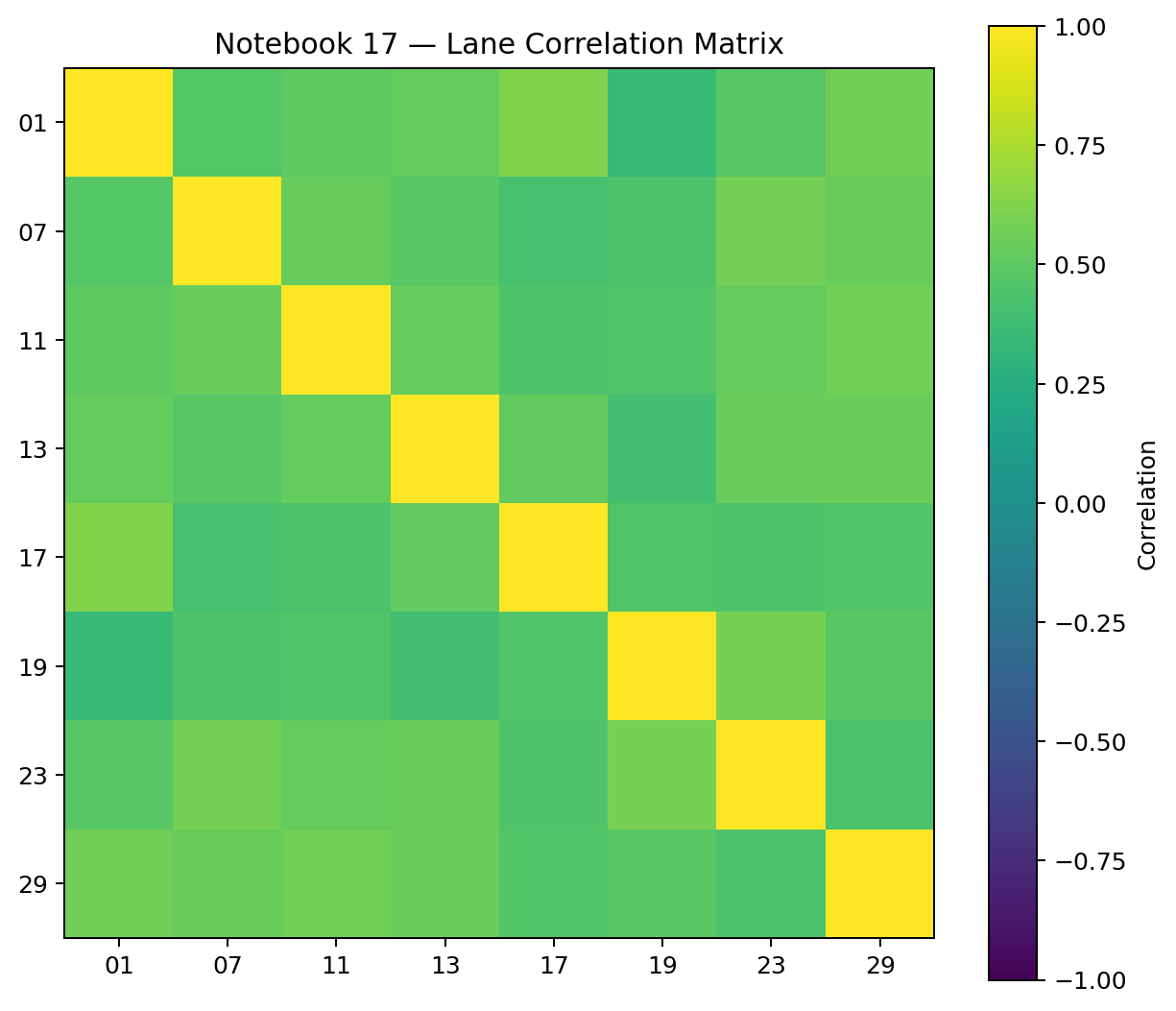 Correlation matrix showing relationships between rolling residue-lane trajectories.