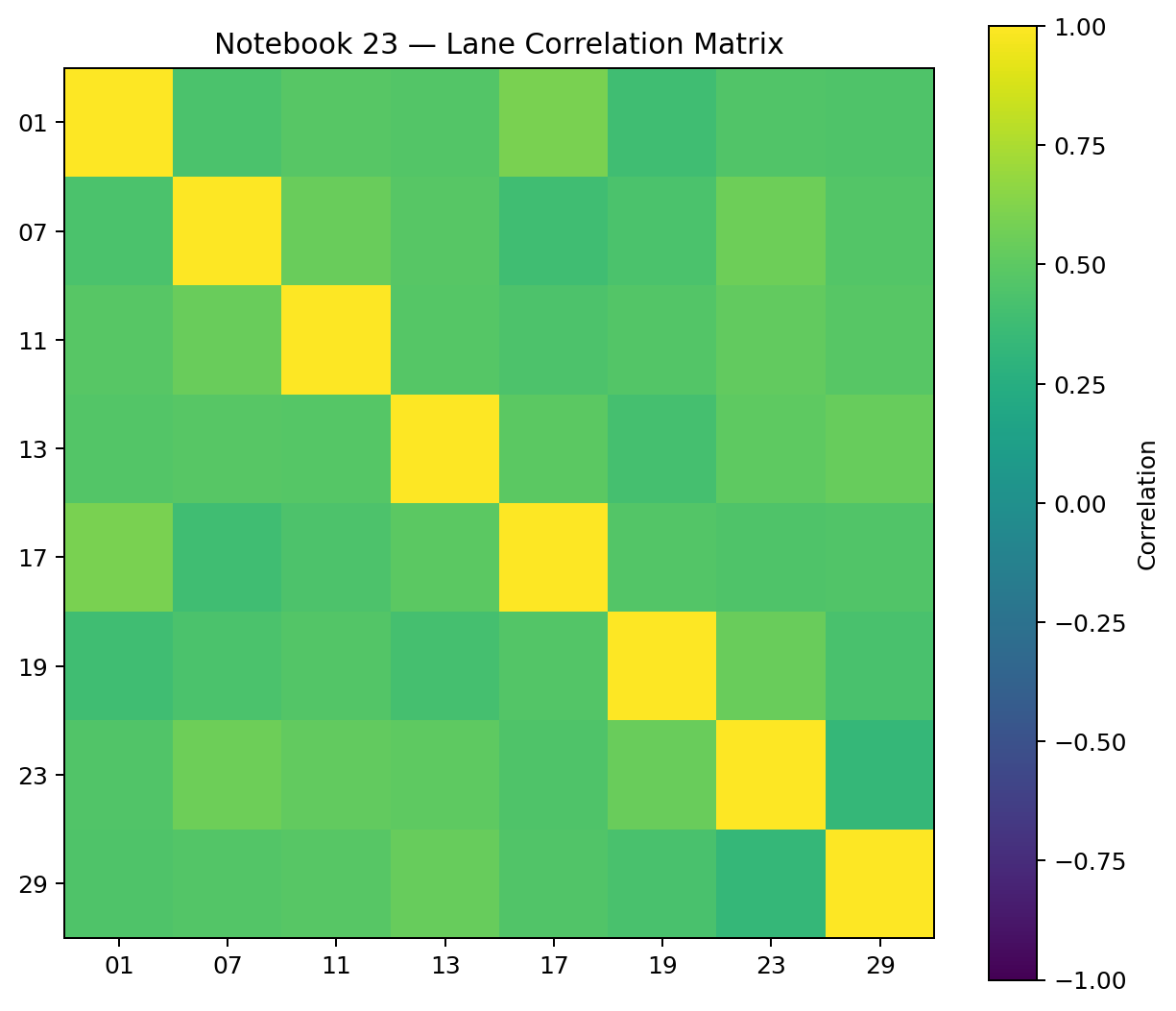 Correlation matrix showing pairwise relationships between rolling residue-lane trajectories.